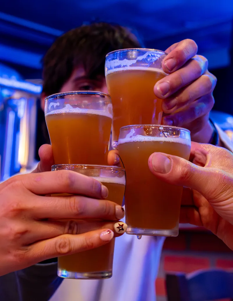Four hands clinking pints of craft beer in a toast